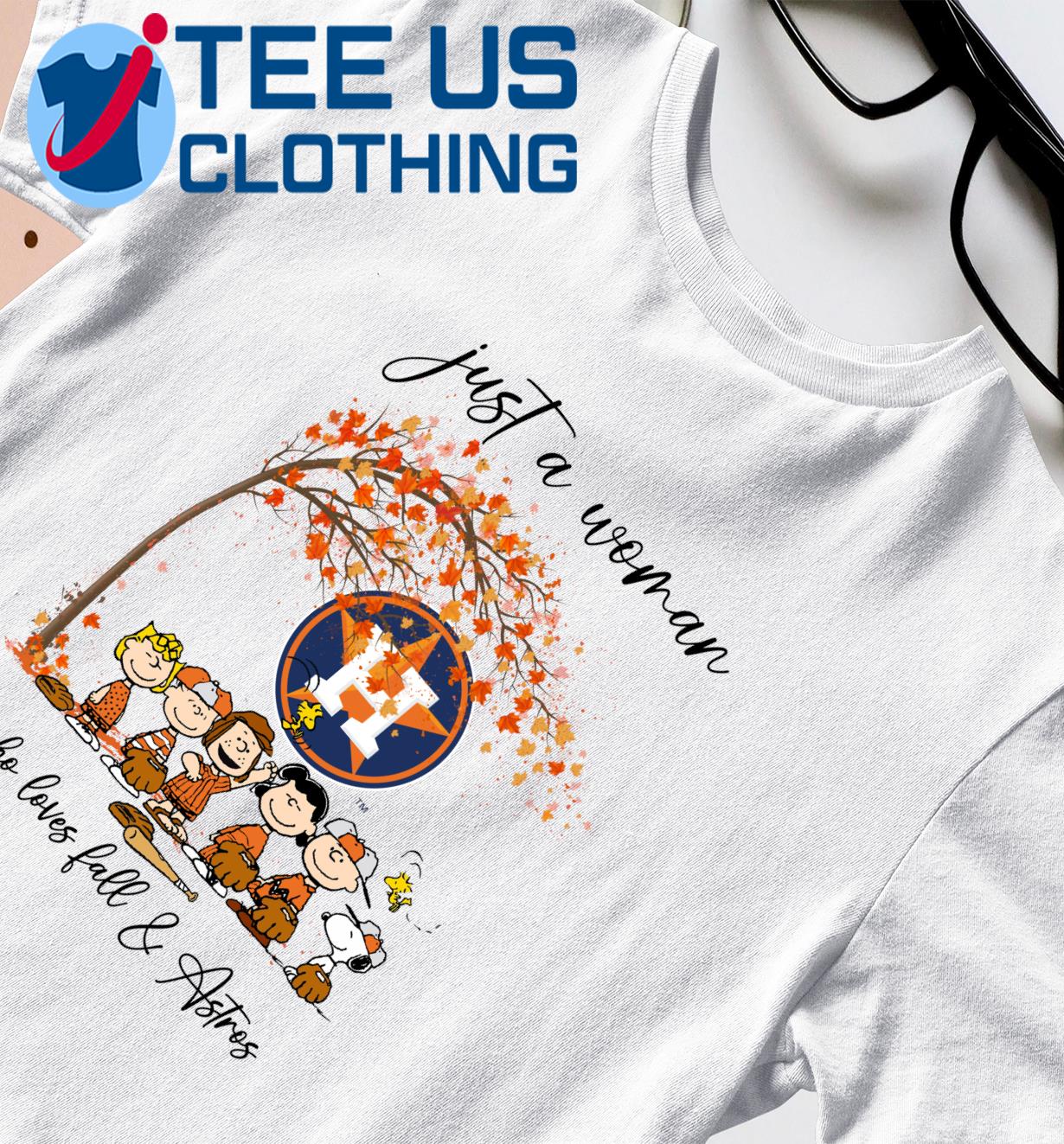 Just A Woman Who Loves Fall Houston Astros Peanuts Cartoon T-shirt